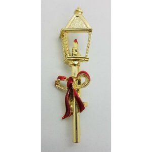 Vintage Gerry's Christmas Holiday Gas Lantern on Post Red Ribbon Brooch Pin